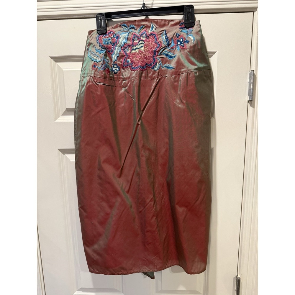 Vtg 90s Y2K Free People Silk Floral Embroidered Iridescent Midi Bussell Skirt - Picture 7 of 11